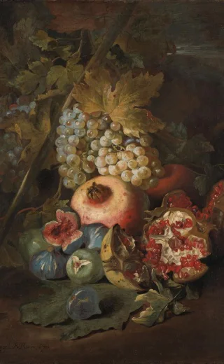 Bunches of Grapes, Pomegranates and Figs in a Landscape